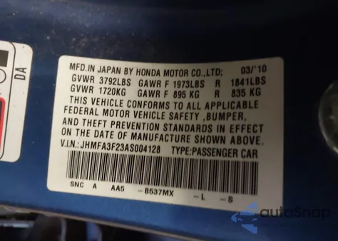 2010 Honda Civic Hybrid from USA, damaged, VIN JHMFA3F23AS004128